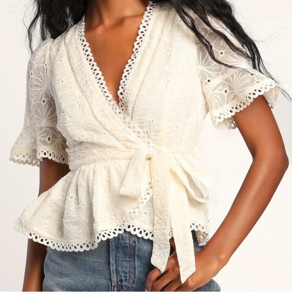 LuLu’s Hello lover cream embroidered peplum top